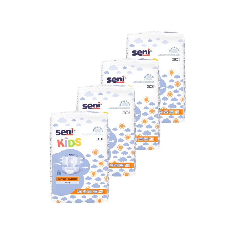 Seni Kids Junior Super - 20kg + - Confezione da 4 bustine - Pannolini per adolescenti Seni Kids - 1 Seni Kids Junior Super - 20kg + - Confezione da 4 bustine - Pannolini per adolescenti Seni Kids - 1
